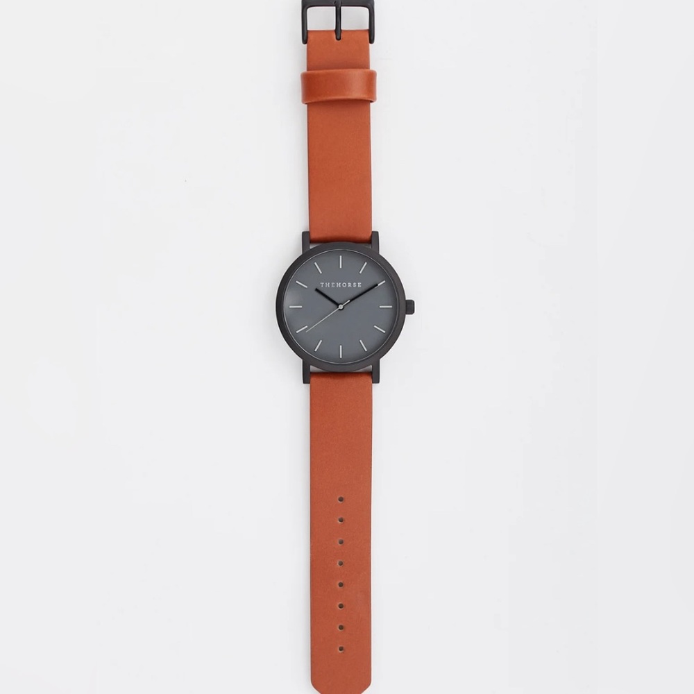 The Horse “Original” watch. Matte black face analog watch with leather strap